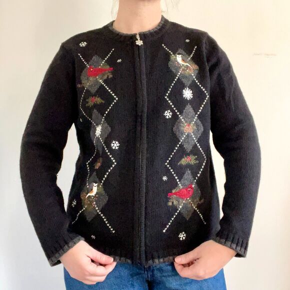 Vtg Style Holiday Winter Bird Christmas Sweater Silk Blend Cardinals Size M - Picture 1 of 8
